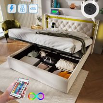 Wishdor - Lit coffre Lit adulte double 160 x 200 cm avec usb Type c et led. Beige