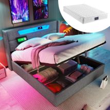 Lit coffre Lit adulte double 140 x 200 cm. chargement usb Type c et éclairage led. en Lin Gris. Matelas Inclus