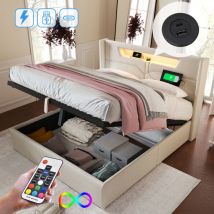 Lit Coffre Rembourré Double, Lin, chargement USB Type C et éclairage LED, (140 x 200 cm, Beige, Sans Matelas)
