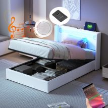 Lit coffre rembourré en similicuir 90x200cm avec led, lecteur Bluetooth et Ports de charge usb - avec sommier à lattes - Blanc