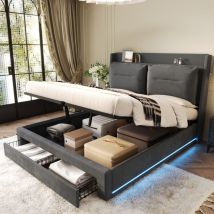 Lit coffre rembourré en velours - 160x200 cm - 2 tiroirs en bout de lit - bande lumineuse led encastrée au pieds du lit - Gris (sans matelas)