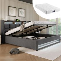 Lit coffre capitonné double Lit ados 160 x 200 cm avec usb et led, sommier en métal, cadre en lin, matelas inclus, gris