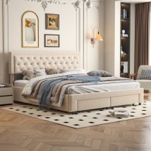 Sureh - Lit coffre tiroir 180x200, lit coffre avec sommier à lattes, lit adulte 180x200, lit double capitonné avec 2 tiroirs, velours, Beige
