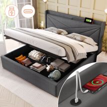 Lit coffre tissu en lin - avec port de charge usb - 140x200 cm - Gris