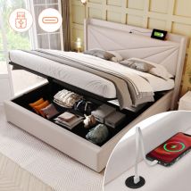 Lit coffre tissu en lin - avec port de charge usb - 140x200 cm - Beige