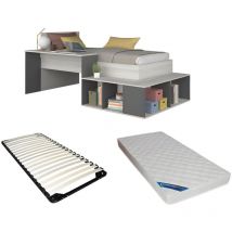 Lit combiné 90 x 200 cm avec rangements et bureau - Coloris : Naturel et anthracite + Sommier + Matelas - rigali