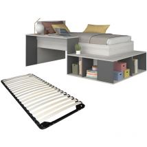Vente-unique - Lit combiné 90 x 200 cm avec rangements et bureau - Coloris : Naturel et anthracite + Sommier - rigali