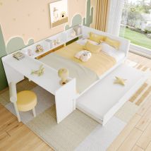 Holzbett 140x200cmjugendbett Ohne Matratze,flachbett Mit Schreibtisch&regalen,doppelbett Mit Ausziehbett,weiß