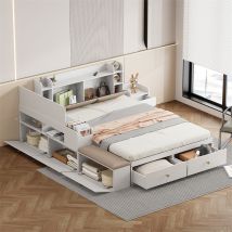 Lit combiné 140x200cm, lit double avec sommier à lattes et tête de lit rangement, avec tiroirs, 1 chevet, armoire de rangement et banc, bois, blanc