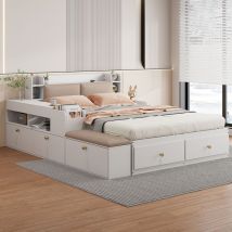 Lit combiné en bois massif 140200cm, tête de lit avec rangement intégré, avec tiroirs, avec table de chevet, avec armoire longue de rangement, avec
