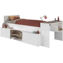 Lit combiné enfant avec rangements et bureau CLoe - 90 x 200 cm - Décor blanc et chene Parisot