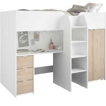 Lit combiné mezzanine enfant - Décor blanc et chene - Sommier inclus - 90x200 cm - tom