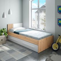 Frs - Lit Conteneur Simple Avec Tête De Lit, Cadre De Lit Avec 2 Grands Tiroirs Pour Chambre, Cm 196x97h41, Couleur Chêne Avec Effet Nœuds Et Blanc