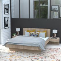 Le Quai Des Affaires - Lit cool 140x190 cm + 2 chevets + sommier / Décor Chêne blanchi/ 192x234x75 cm