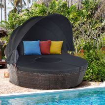Lit de Jardin Rond d'Exterieur Table Relevable Modulable & Convertible - Pare Soleil Réglable rotin pe Coussins Inclus Noir Maison Chic