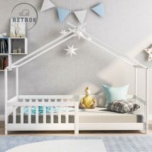 Retrok - Lit 90x200cm de maison pour enfants en bois massif - Avec barrière et sommier à lattes -Blanc