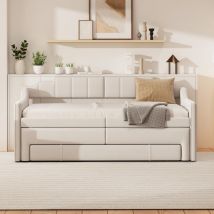 Lit de repos 90 cm x 200 cm (190 cm), lit de repos simple rembourré avec rangement escamotable, lit de repos avec tiroirs, beige