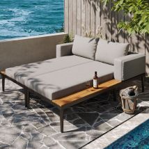 Lit de repos d'extérieur pour 2 personnes - Avec étagère, chaise longue d'extérieur polyvalente et imperméable pour terrasse, jardin et balcon - Gris