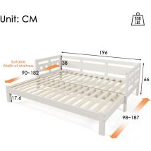 Ohjijinn - Lit de repos, lit gigogne, 90190cm, pin massif, avec 2ème lit et cadre enroulable, lit coeur, blanc