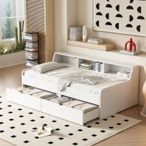 Lit de repos simple, avec deux tiroirs, compartiment de rangement, 90 x 200 cm, en bois, blanc