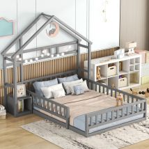 Lit Cabane 140x200CM, Lit d'Enfant avec Barrières et Tables de Chevet - Gris
