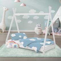 Ml-design - Lit d'Enfants Tipi 70x140 cm avec Sommier à Lattes, en Bois Massf Blanc, Lit Tente Indien, Cadre de Lit pour Fille et Garçon, Stable,