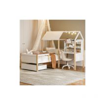 Lit d'enfant 90 x 200 cm avec protection contre les chutes et sommier à lattes, bureau en forme de l et bibliothèque, tiroirs avec roulettes, blanc