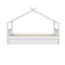 Lit cabane Design, Blanc, 90x200 cm avec 2 tiroirs, Vitalispa