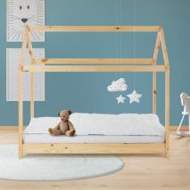 Lit d'Enfants 70x140 cm avec Toit et Sommier en Bois de Pin Massf, Naturel, Structure Maison Cabane pour Fille et Garçon, Stable et Robuste, Lit de