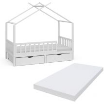 Livinity - Lit cabane Franka, Blanc, 80x160 cm avec 2 tiroirs et matelas, Vitalispa