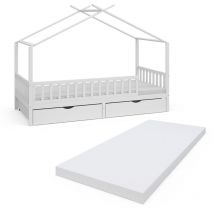 Lit cabane Franka, Blanc, 90x200 cm avec 2 tiroirs et matelas, Vitalispa