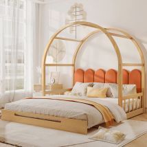 Jn.songs - Lit d'Enfant, Lit Cabane pour Enfant avec Coussins en Velours Lit Coulissant Naturel et Orange