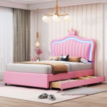 Lafomukea - Lit d'enfant Lit rembourré 90 x 200 cm, couronne rose fille cadre de lit simple en cuir pu avec tiroirs de rangement, lumières led,