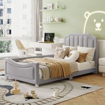 Jn.songs - Lit Cabane, Lit Rembour Flanelle avec Dossier et Barreaux Gris 90x200CM