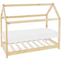 Ml-design - Lit d'Enfant Forme Maison 80 x 160 cm Naturel avec Matelas à Mousse Froide Sommier à Lattes Housse Amovible Lavable, Cadre de Lit en Bois