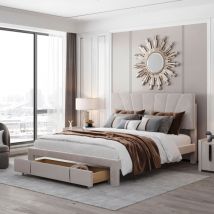 Lit double 140x200 avec tiroir,lit rembourré 140 x 200 avec sommier à lattes,lit adulte avec rangement,lit jeunes,velours,beige