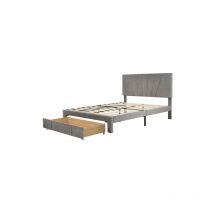 Lit double 140 x 200 cm avec sommier à lattes, dossier et grand tiroir, lit double en velours doux pour la peau, pour adultes et adolescents, gris