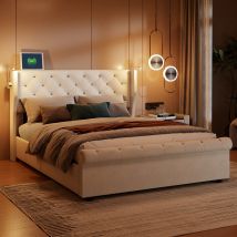 Sureh - Lit double, 140 x 200 cm, lit tapissé en tissu velours avec port usb et lumières, lit hydraulique à design touffeté avec rangement sous le