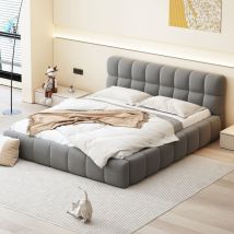 Lit Adulte 140 X 200,lit Double,lit Capitonné,lit Au Sol, Lit Bas,avec Tête De Lit Et Dossier Souple,sommier À Lattes,scandinave Moderne,lin,gris