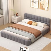 Lit double 140 x 200,lit avec dossier moelleux,lit plat avec bordure rembourrée ,lit capitonné avec sommier à lattes,lin,Gris,lit au sol Sunfecili