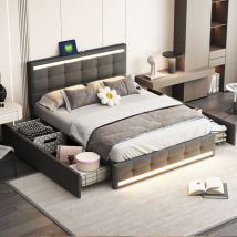 Lit double 140 x 200,lit avec tiroirs140 x 200, Lit rembourré avec LED,lit adulte avec 4 tiroirs et 2 stations de chargement USB,Gris