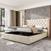 Lit double 140x190 cm avec sommier à lattes et espace de rangement, beige, velours