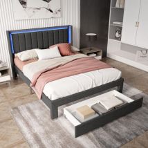 Doppelbett Polsterbett 140x200 cm mit led Beleuchtung, 1 Schublade und Kopfteil, Bettgestell, skandinavischer Stil, Dunkelgrau