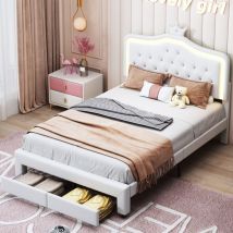 Lit double 140x200 cm, avec éclairage led, décoration couronne, avec deux tiroirs, pu, ​​sommier à lattes, adapté aux adolescents et enfants - Blanc