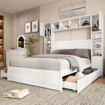Lit double 140x200 cm - avec multiples rangements - en mdf - Blanc