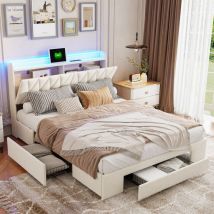 Lit adult 140x200 avec tiroirs,lit 140x200,lit capitonné,avec rangement tête de lit, tête de lit ouverte,chargement usb,led réglable,velours,beige