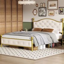 Eifson - Lit double 140x200 cm, cadre de lit avec tête de lit, avec structure en métal, lit moderne en métal, pour adultes et adolescents - Doré