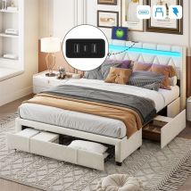 Lit double 160x200 cm, chevet avec éclairage led, fonction chargement usb, 4 tiroirs en fer, chevet en forme de losange, décoration rivets, sommier à