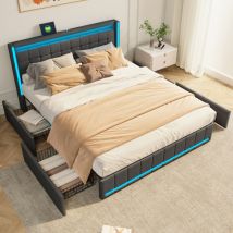 Sunfecili - Lit adult 140x200,lit 140x200,lit capitonné,lit double,avec quatre tirtors,LED réglable et chargement USB,lin,gris foncé