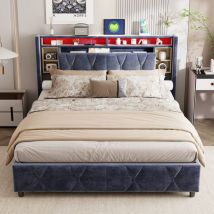 Blanketswarm - Lit Double 160x200, Lit Coffre 160x200, Lit Adulte avec Sommier, Lit Capitonnée avec Éclairage led, Chargement usb, Tête de Lit avec